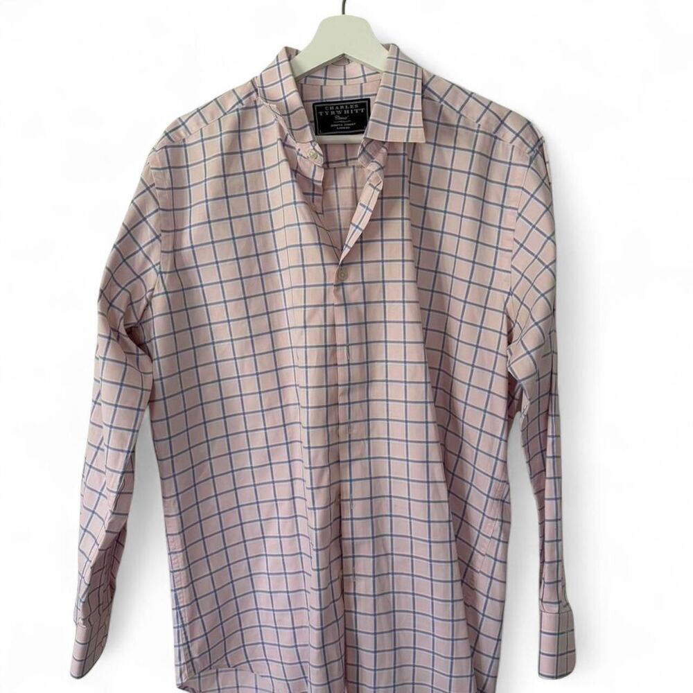 Charles Tyrwhitt Mens Pink Blue Grid Checkered Long Sleeve Dress Shirt Size L